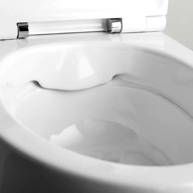 ABOUT RIMLESS HANGING TOILET WITH SOFT SEAT COVER  - REXA